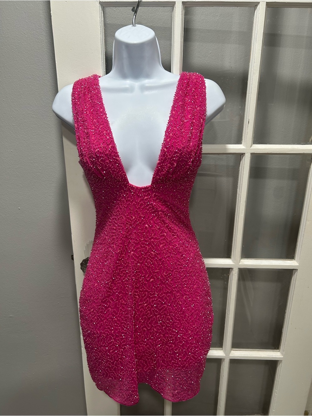 Sparkling Deep-V Mini Dress in Hot Pink from OPolly